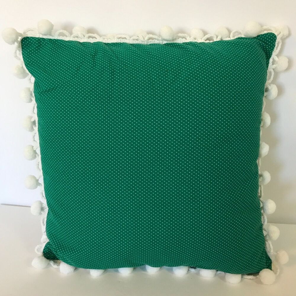 Handmade Pillow 14"x14" Green with White Dots White Ball Fringe Christmas Spring